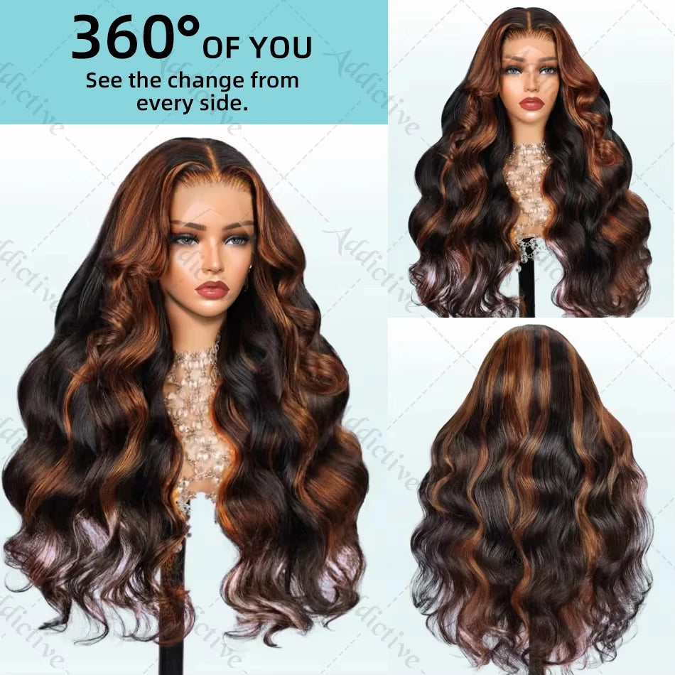 13X6 HD 200% 30 32 Inch Ombre Highlight 1B/30 Black Brown Body Wave Lace Front Human Hair Wigs Transparent 13x4 Lace Frontal Wig
