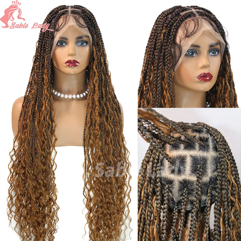 Boho Braided Wigs Synthetic Full Lace Front Wigs Blonde Curly Ends Hair Goddess Locs Cornrows Braid Wigs Knotless Box Braids Wig