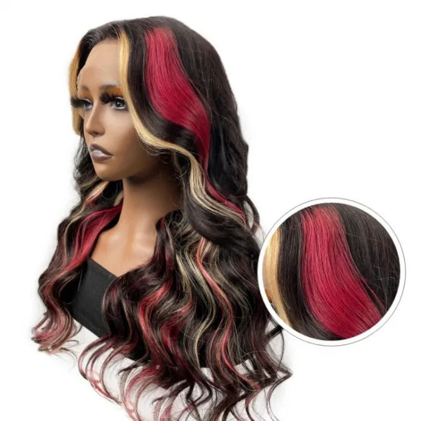 Red Blonde With Black Highlight Wig 13x4 Synthetic Lace Front Wigs Red And Black Body Wave Glueless Wig Lace Frontal  For Women
