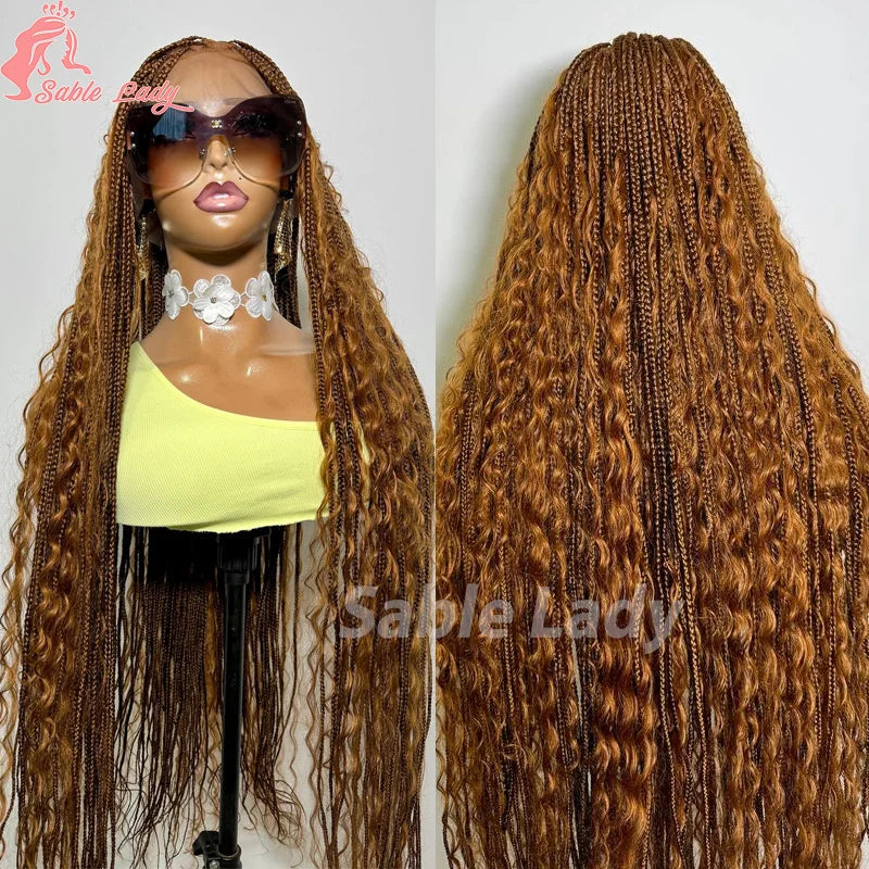 Boho Braided Wigs Synthetic Full Lace Front Wigs Blonde Curly Ends Hair Goddess Locs Cornrows Braid Wigs Knotless Box Braids Wig