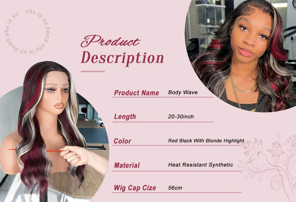Red Blonde With Black Highlight Wig 13x4 Synthetic Lace Front Wigs Red And Black Body Wave Glueless Wig Lace Frontal  For Women