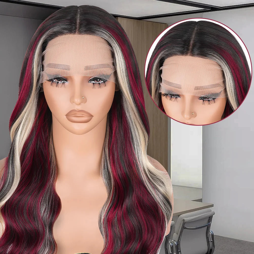 Red Blonde With Black Highlight Wig 13x4 Synthetic Lace Front Wigs Red And Black Body Wave Glueless Wig Lace Frontal  For Women
