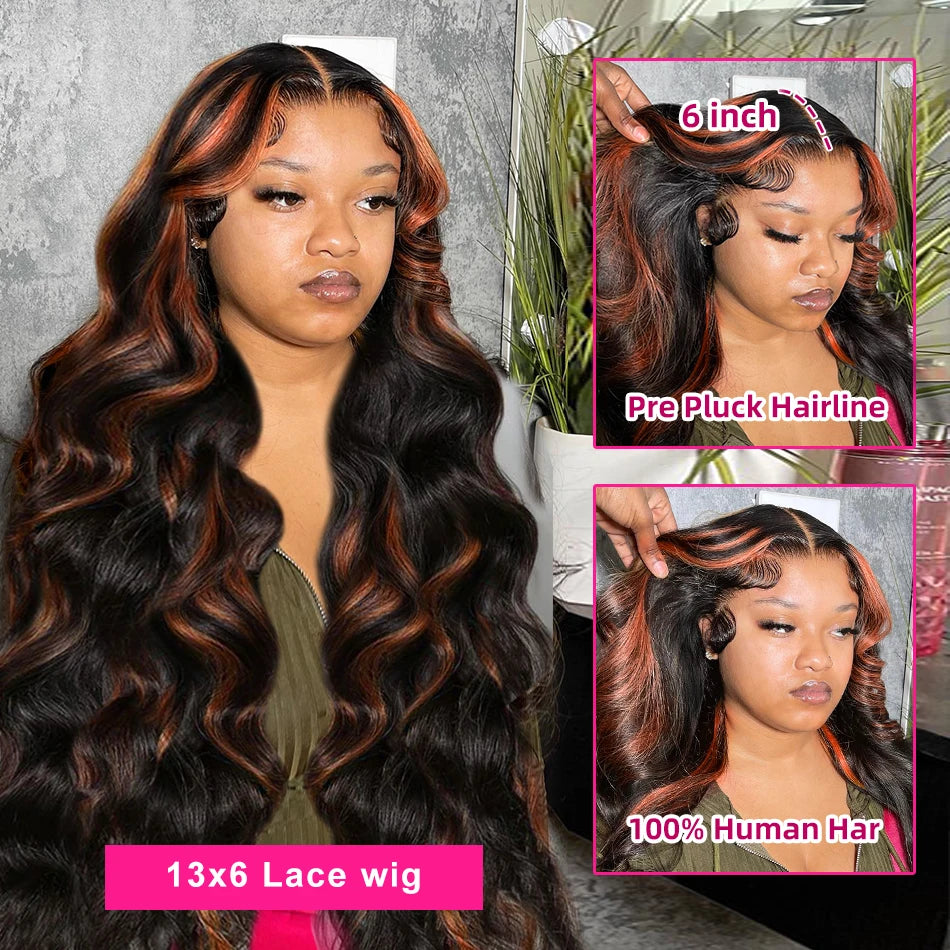 13X6 HD 200% 30 32 Inch Ombre Highlight 1B/30 Black Brown Body Wave Lace Front Human Hair Wigs Transparent 13x4 Lace Frontal Wig