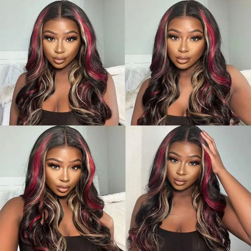 Red Blonde With Black Highlight Wig 13x4 Synthetic Lace Front Wigs Red And Black Body Wave Glueless Wig Lace Frontal  For Women