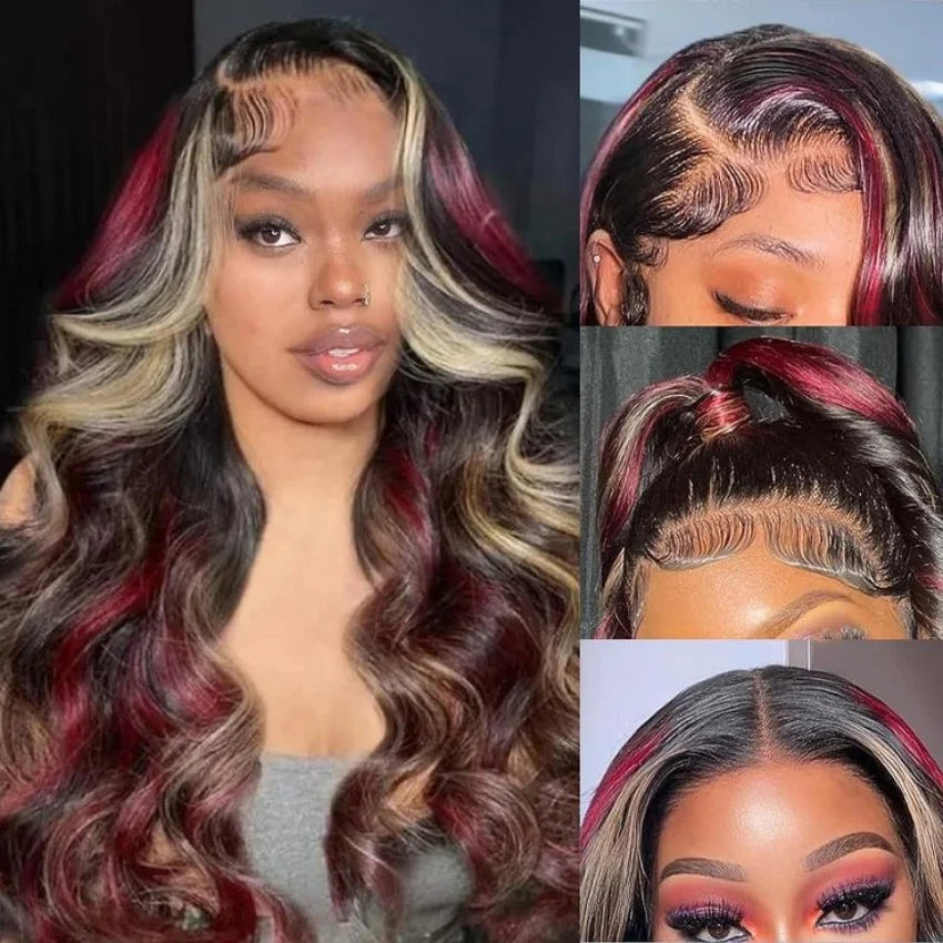 Red Blonde With Black Highlight Wig 13x4 Synthetic Lace Front Wigs Red And Black Body Wave Glueless Wig Lace Frontal  For Women