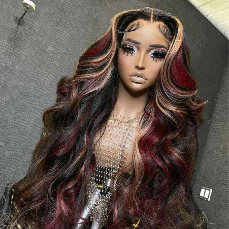 Red Blonde With Black Highlight Wig 13x4 Synthetic Lace Front Wigs Red And Black Body Wave Glueless Wig Lace Frontal  For Women