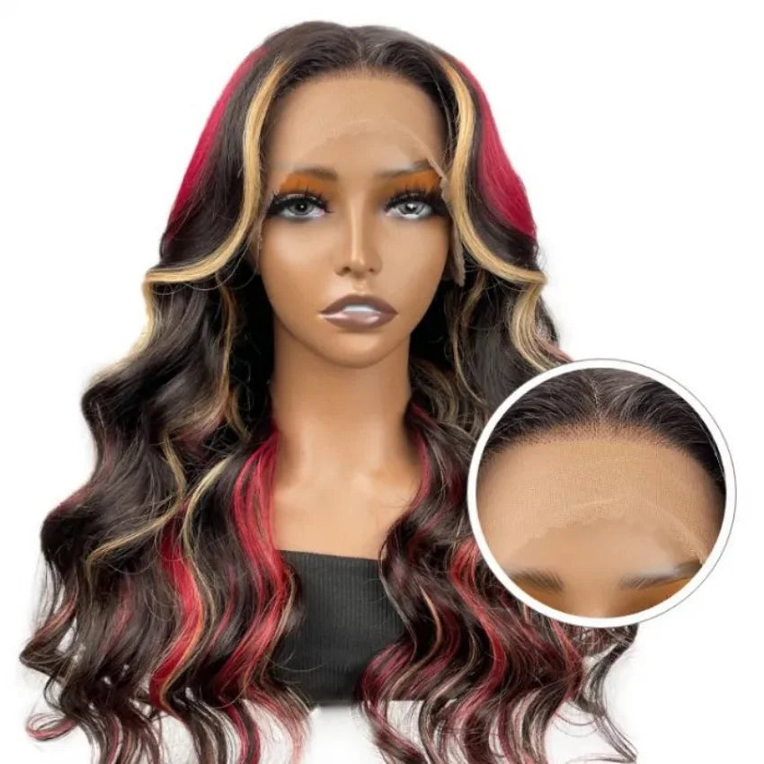 Red Blonde With Black Highlight Wig 13x4 Synthetic Lace Front Wigs Red And Black Body Wave Glueless Wig Lace Frontal  For Women