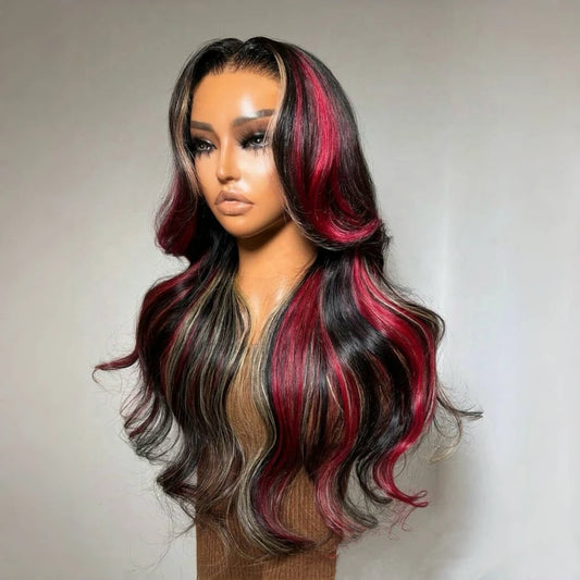Red Blonde With Black Highlight Wig 13x4 Synthetic Lace Front Wigs Red And Black Body Wave Glueless Wig Lace Frontal  For Women