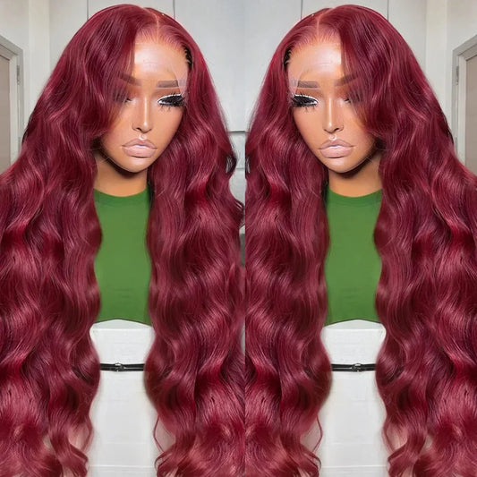 Human Hair Wigs, 13x6 and 13x4 Lace Frontal  For Women . Red Color Wine Body and Wave.